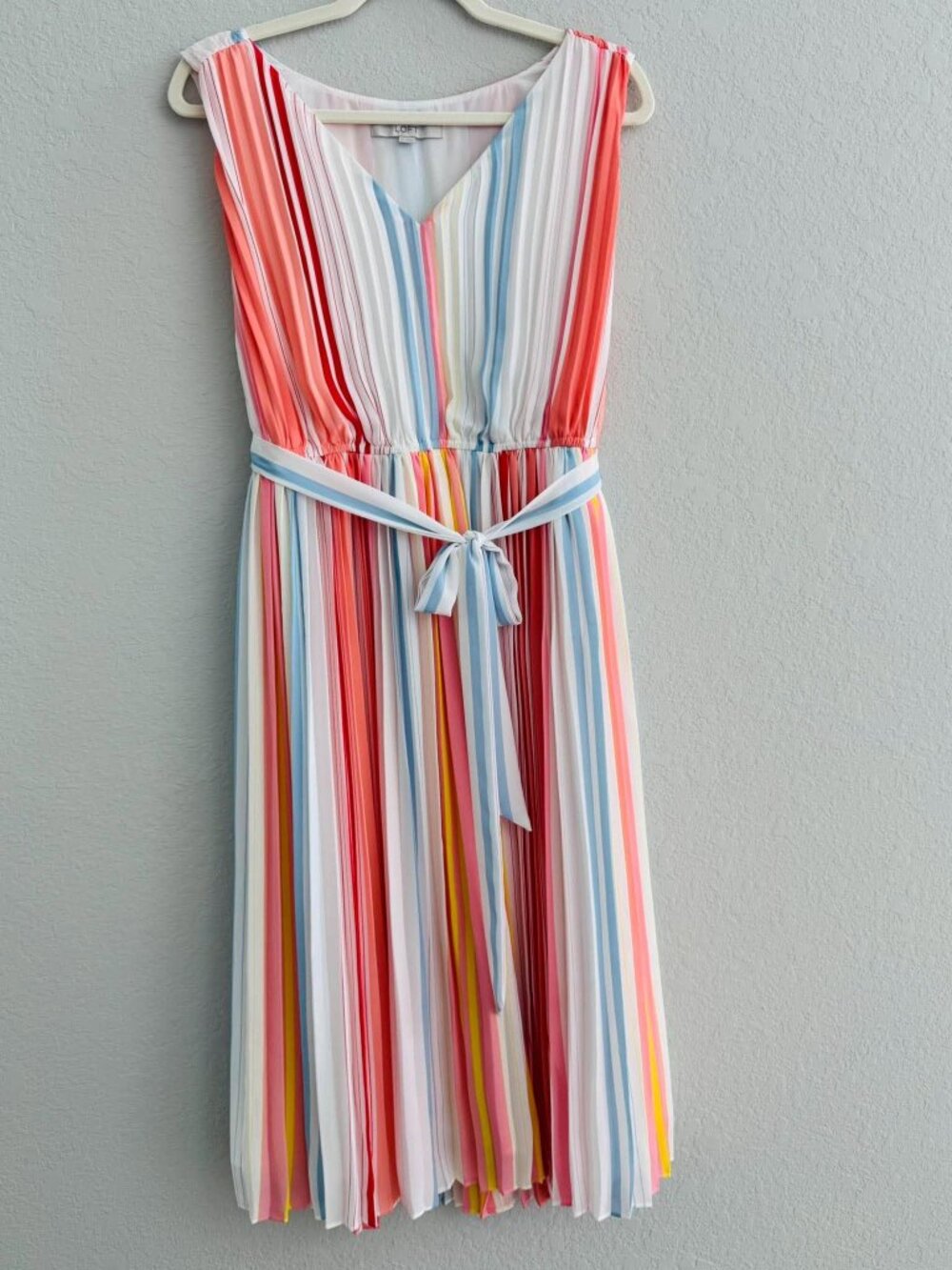 LOFT Pleated Striped Midi Dress Size M Multicolor Belted Fully Lined